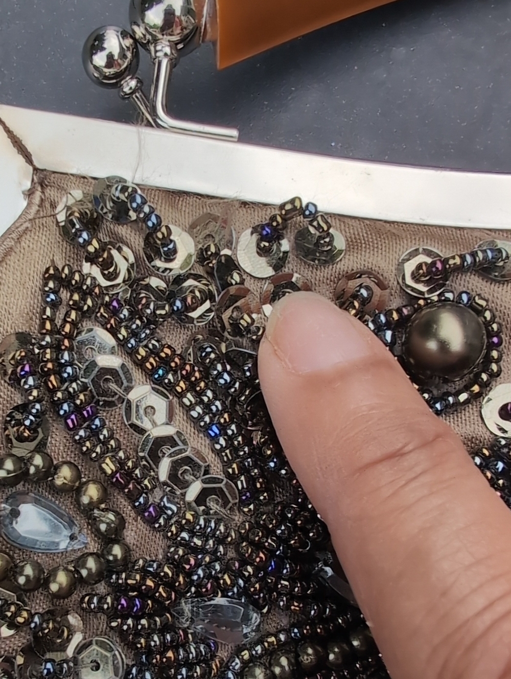 Embellished Taupe Evening Clutch with Detachable Chain - Picture 13 of 14